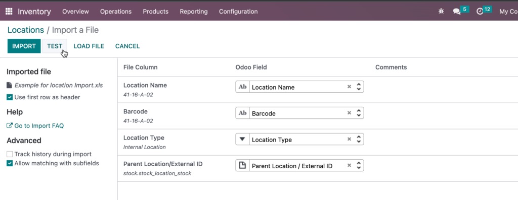 Upload the warehouse map in Odoo